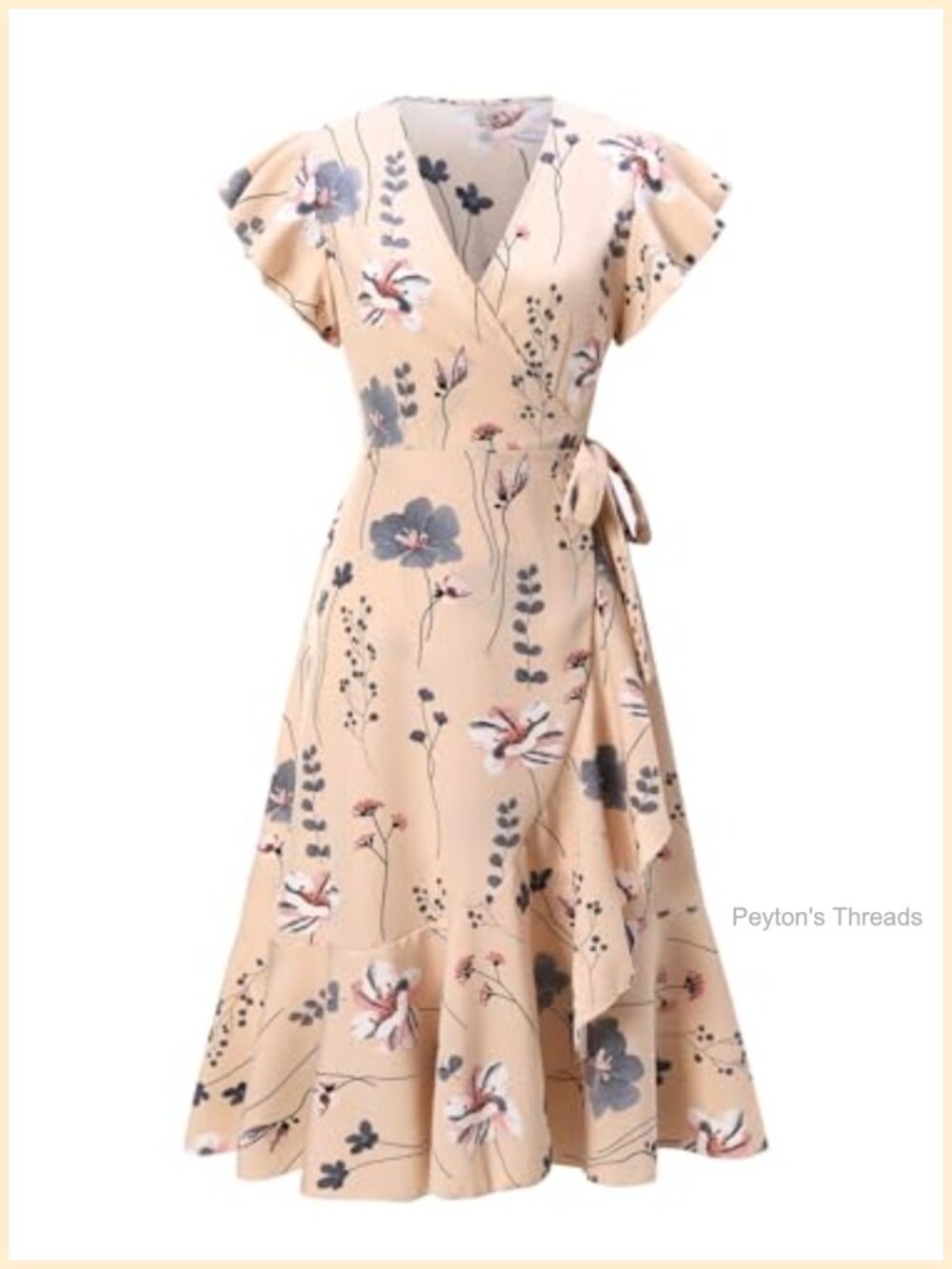Wrap Ruffle Sleeve V Neck Floral Midi Dress